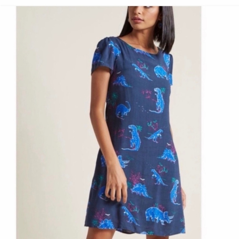 Modcloth Dinosaur Print Lace Up Back Shift Dress
